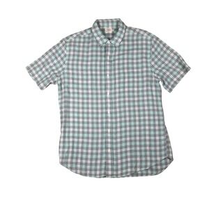 Faherty Brand Mens Large Short Sleeve Plaid Button Down Shirt Teal Grey Cotton